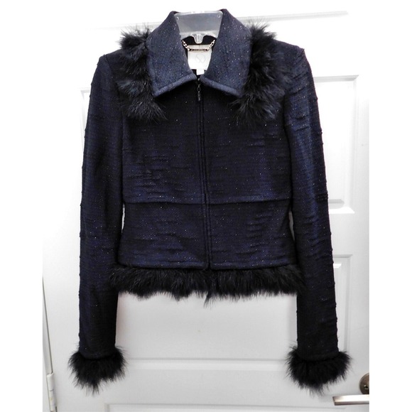St John Couture Black Sparkle Knit Fur Zip Jacket USA‎ sz 2 - Picture 1 of 5